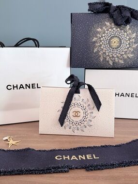 CHANEL Cream Mini Gift Bag with Black Ribbon & Gold CC Emblem